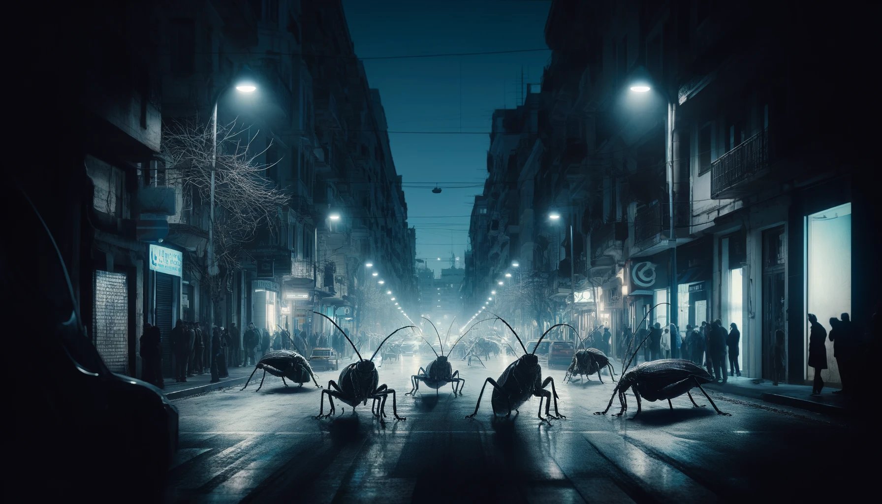 sombras de cucarachas en un entorno urbano al anochecer