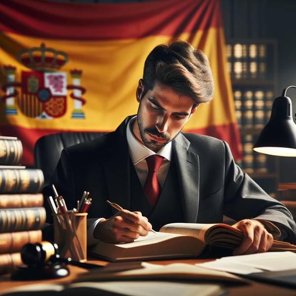 despacho de abogado con libros de ley y la bandera de España