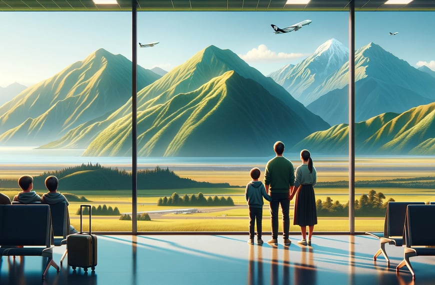familia observando el paisaje neozelandés desde un aeropuerto