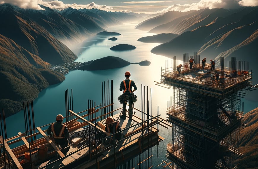 la majestuosidad del trabajo en construcción frente al paisaje de Nueva Zelanda