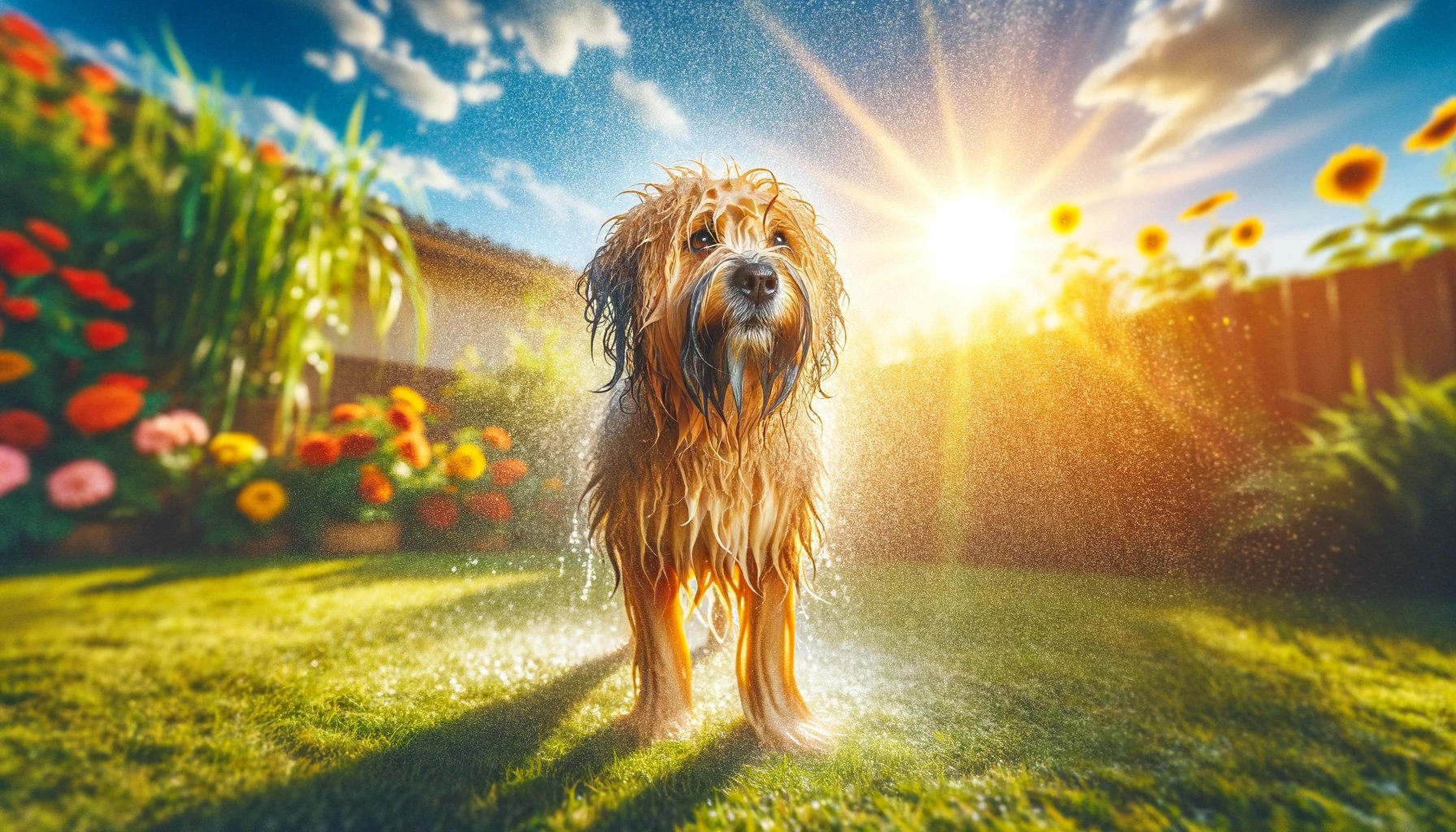Perro mojado en un día de verano