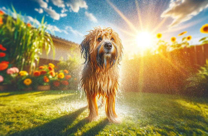 Perro mojado en un día de verano