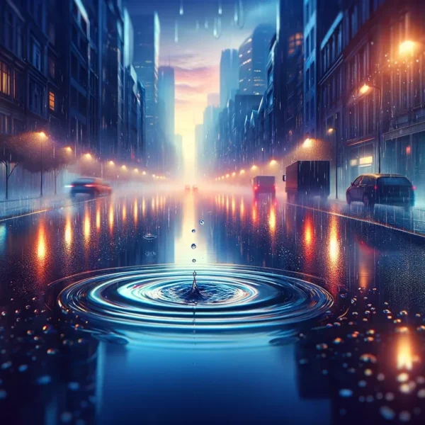 sonar con agua de lluvia que corre por la calle