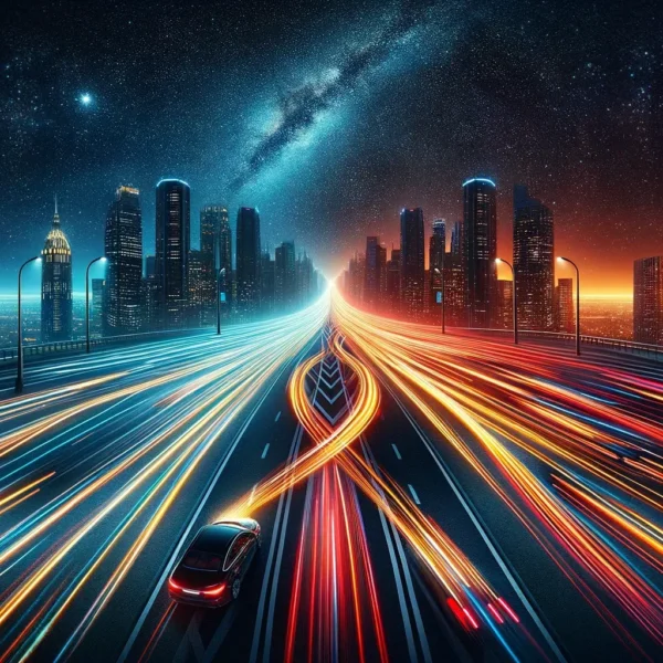 escena nocturna contrastando velocidad con dirección y rapidez en línea recta