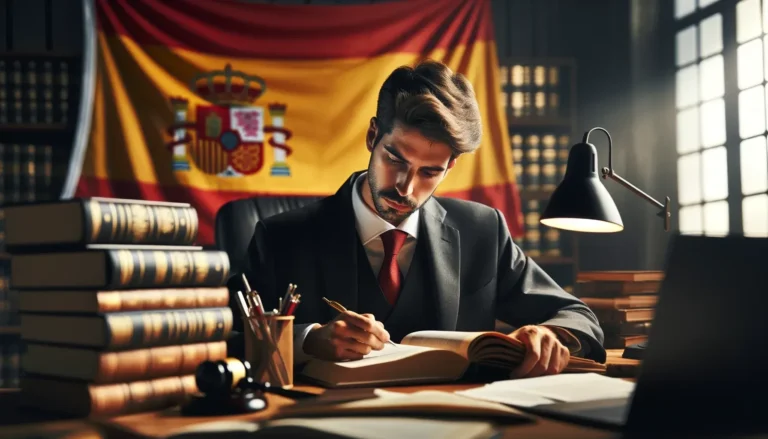 despacho de abogado con libros de ley y la bandera de España