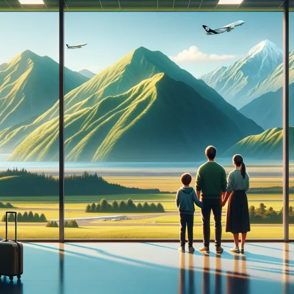 familia observando el paisaje neozelandés desde un aeropuerto