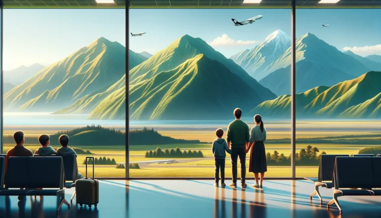 familia observando el paisaje neozelandés desde un aeropuerto