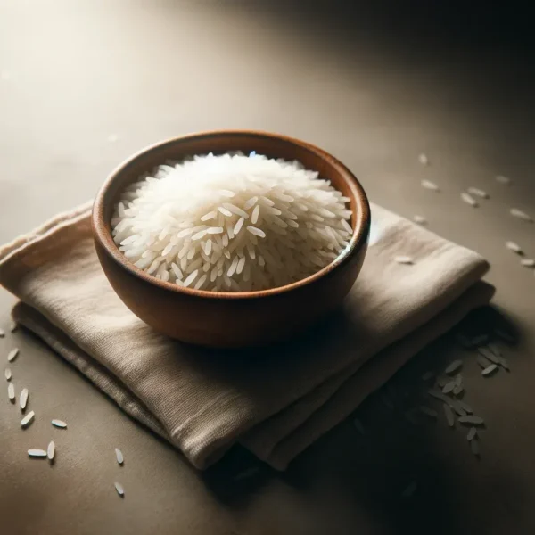 cuenco de arroz en mesa rústica