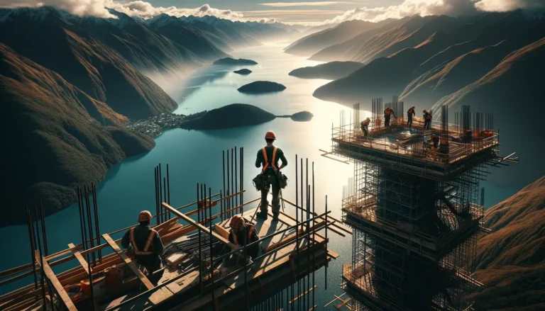 la majestuosidad del trabajo en construcción frente al paisaje de Nueva Zelanda