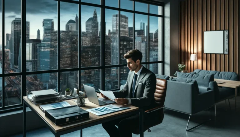 contador profesional en oficina con vista a ciudad estadounidense