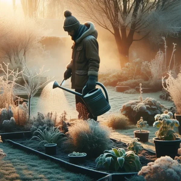 Hombre regando en invierno