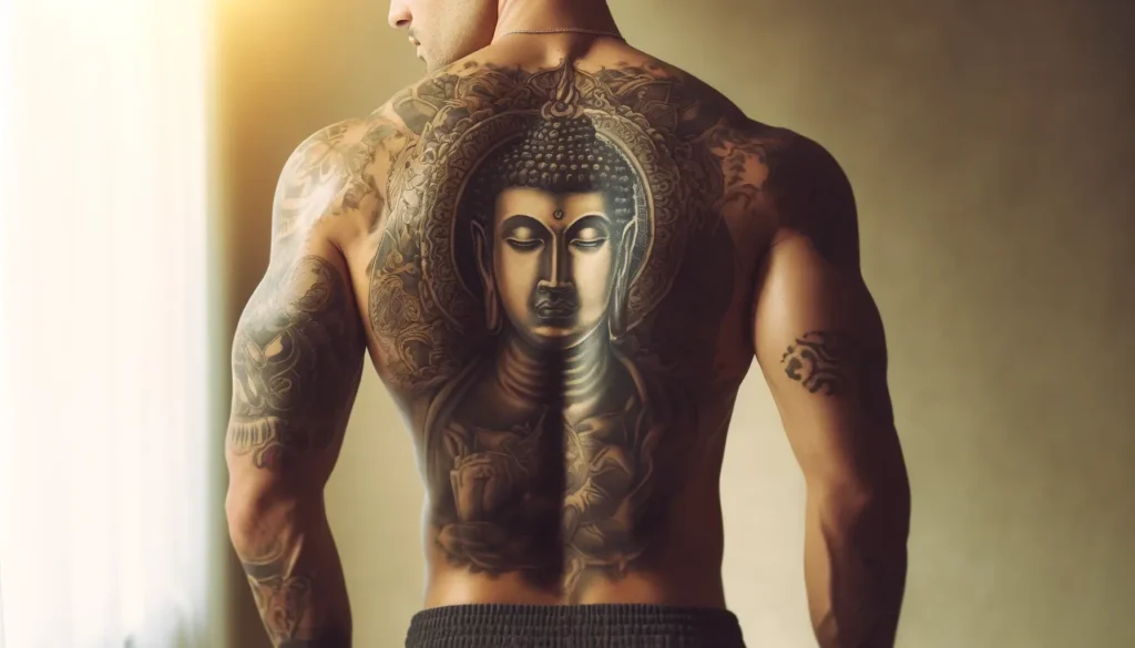 Hombre con un Buda en la espalda 
